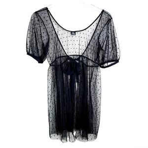 Only Hearts Black Swiss Dot Mesh Cardigan Tie Front Bow Sheer Lingerie Medium